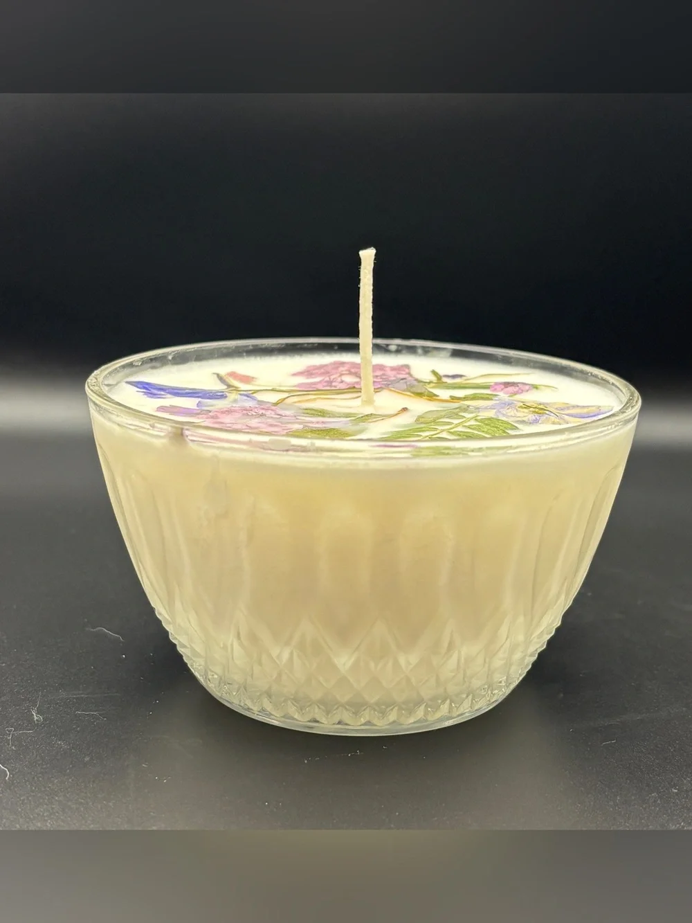 Floral Soy Candle in Pressed Glass Dish with Lid - Cream
